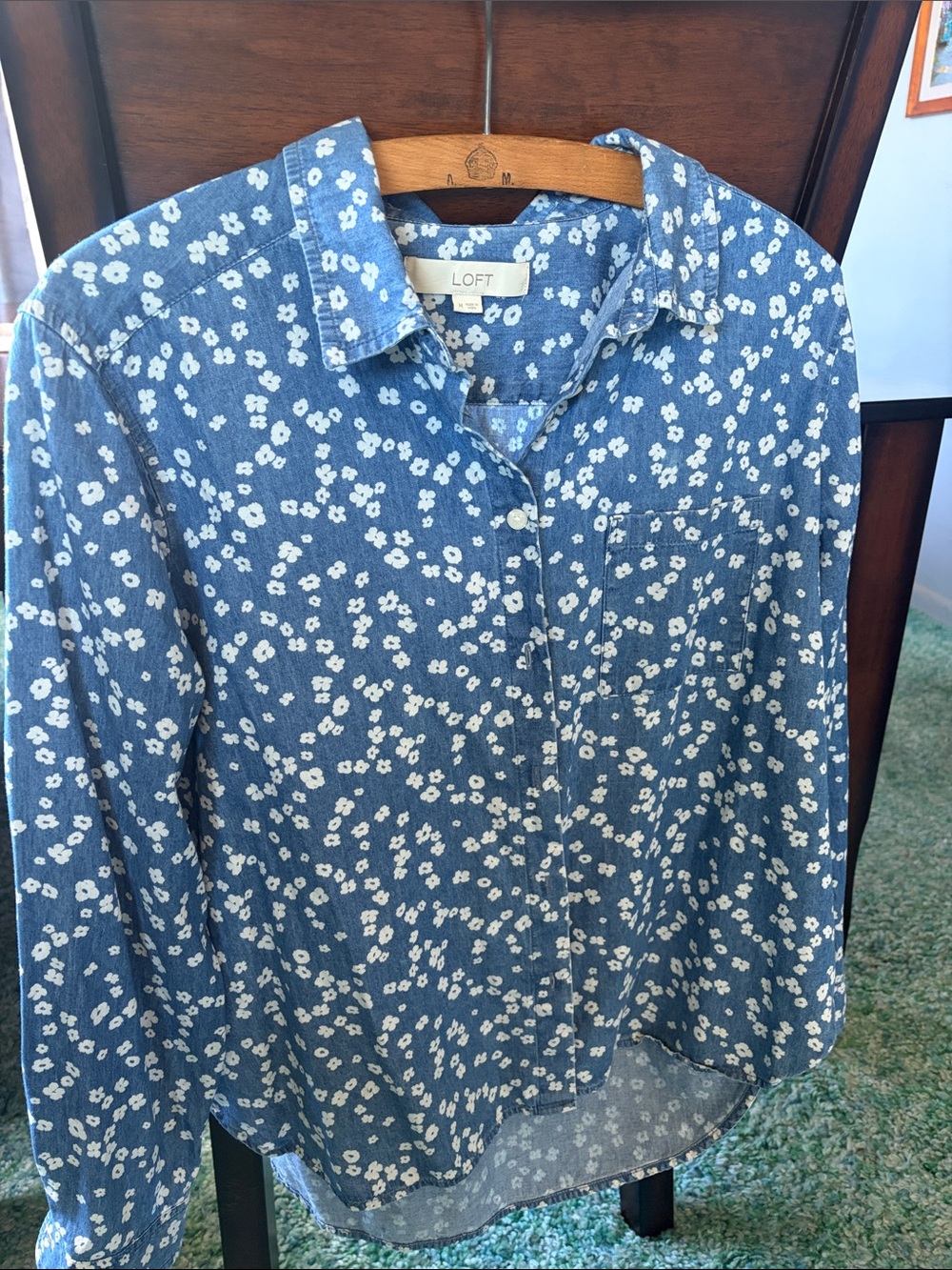 LOFT Denim-Blue Floral Button Down Blouse